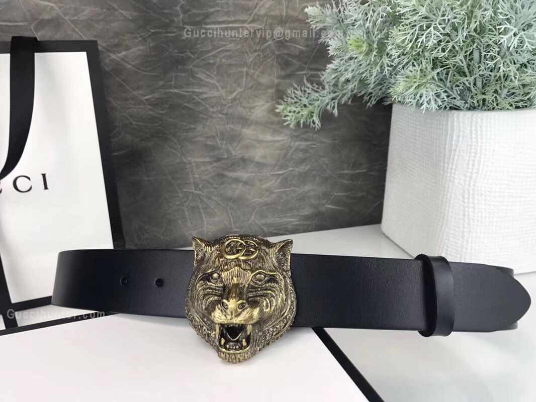Gucci Leather Belt With Tiger Head Black 38mm